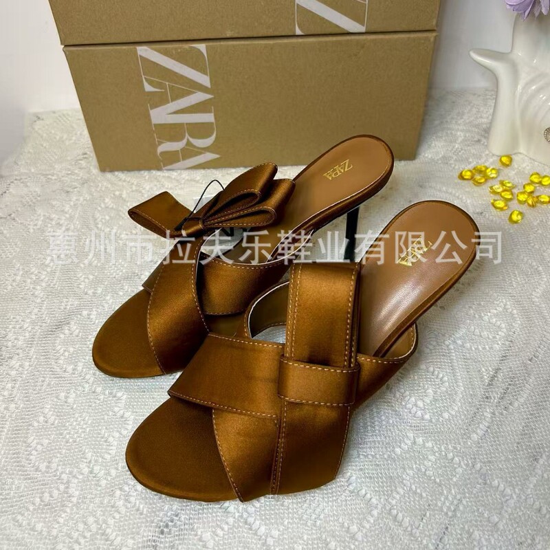 Spain 2025 Summer New European and American Brown High-Heeled Mule Slippers with Side Bow Silk Texture Sandals