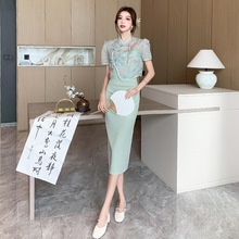 2024新中式国风盘扣旗袍重工刺绣罩衫吊带连衣裙两件套装