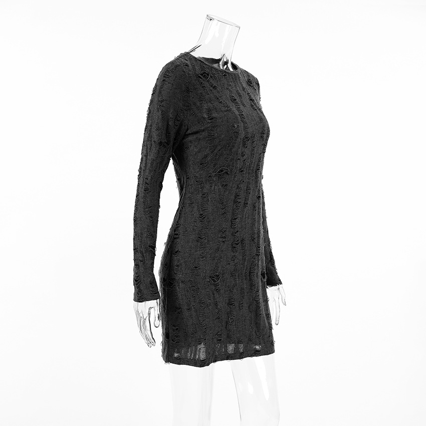 Autumn Simplicity Knitted Retro round Neck Slim Slimming Hip Dress Gray Dress Women Clothing