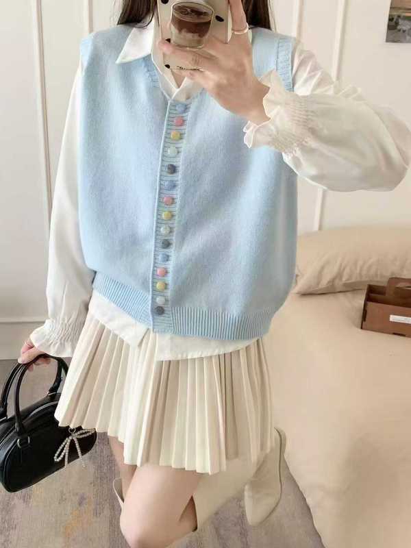 针织马甲开衫女2025春秋新无袖坎肩宽松外搭彩色扣子开衫马夹外套|undefined