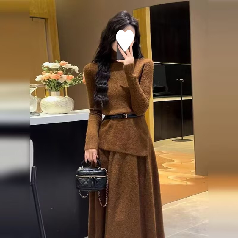 羊毛针织套装裙女2025秋冬高级感慵懒风加厚毛衣包臀短裙时尚两件|undefined