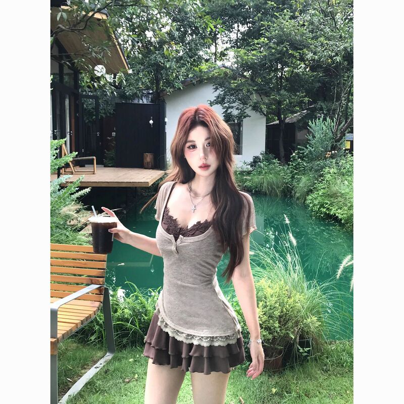 Pure Desire Sweet Spicy Girl Lace Dress for Women 2026 Summer New Style Waist-Cinching Slimming Design Mini Dress