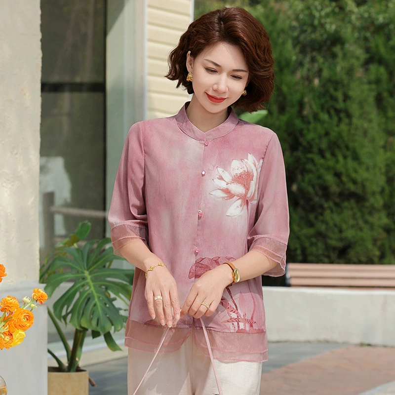 Мама платье 2025 рубашка весна и осень новый средний и пожилой женщины свободный топ для пожилых людей рубашка с принтом моды