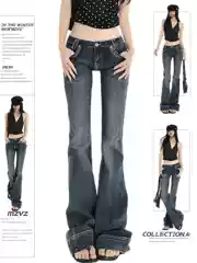 Southeast Asia Foreign Trade Cross-Border Low Waist Jeans Women Dark Blue American Style Slimming Stretchy Floor-Length Slightly Flared Long Pants Trendy