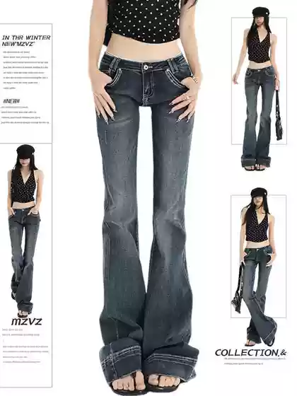 Southeast Asia Foreign Trade Cross-Border Low Waist Jeans Women Dark Blue American Style Slimming Stretchy Floor-Length Slightly Flared Long Pants Trendy