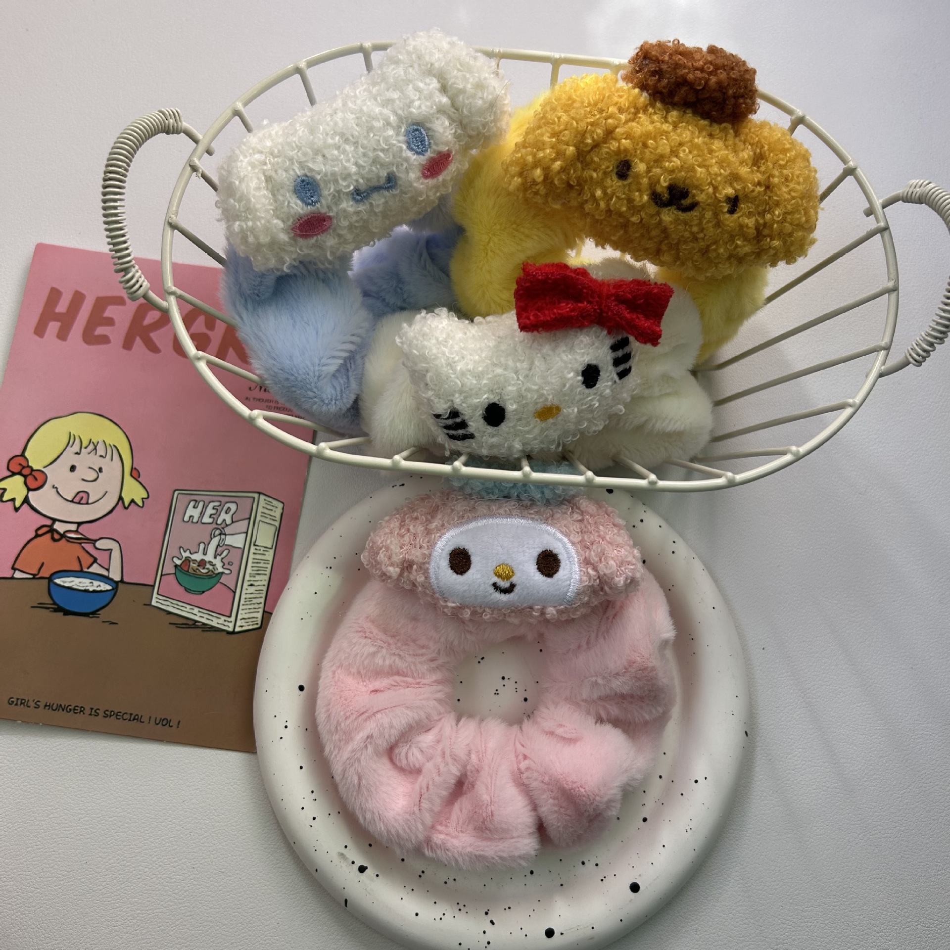 Caricatura encantadora para niños kt felino felino anillo intestino grueso adorable anillo de cabello de niña muñeca joyería de cabello de hermana suave toque de cabeza estudiante