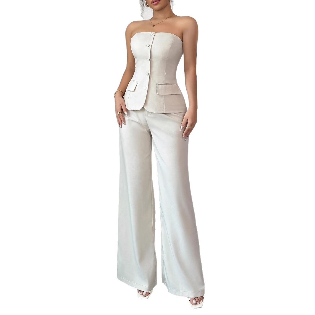 Lässiges Westen-Hosen-Set für Damen – Sommer-Basic mit geradem Bein und drapierter Passform – Atmungsaktives Polyester – Streetwear-Essentials (XS-XL, Weiß)_voghion.com