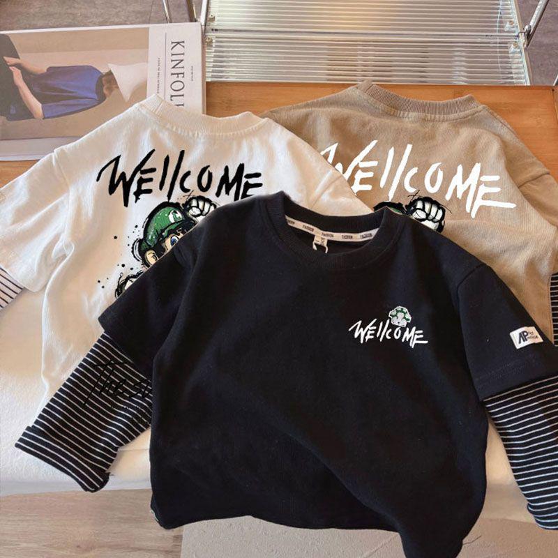 Camiseta de algodón para niños de manga larga de primavera y otoño ropa de niños guapos delgados camisa de fondo de dos piezas para niños de estilo coreano