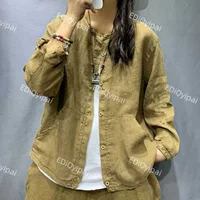 Ed7196 чистый льняной мойки с круглым вырезом свободная старая куртка 2025 новый литературный дикий кардиган с длинными рукавами