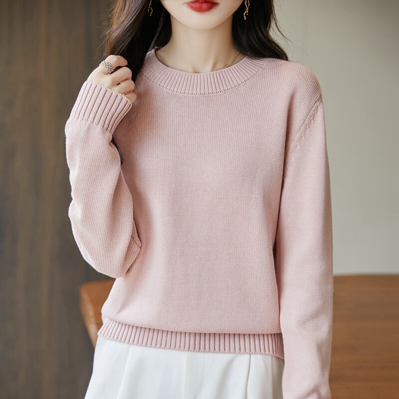 Pure Cotton Round Neck Knitwear Knitwear for Women 2025 Autumn and Winter New Pure Color Loose Versatile Pullover Pure Cotton Bottoming Shirt