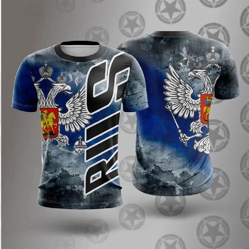 クロスボーダー夏メンズ Tシャツカジュアルルーズロシア国旗プリント通気性半袖紳士服ストリート|undefined