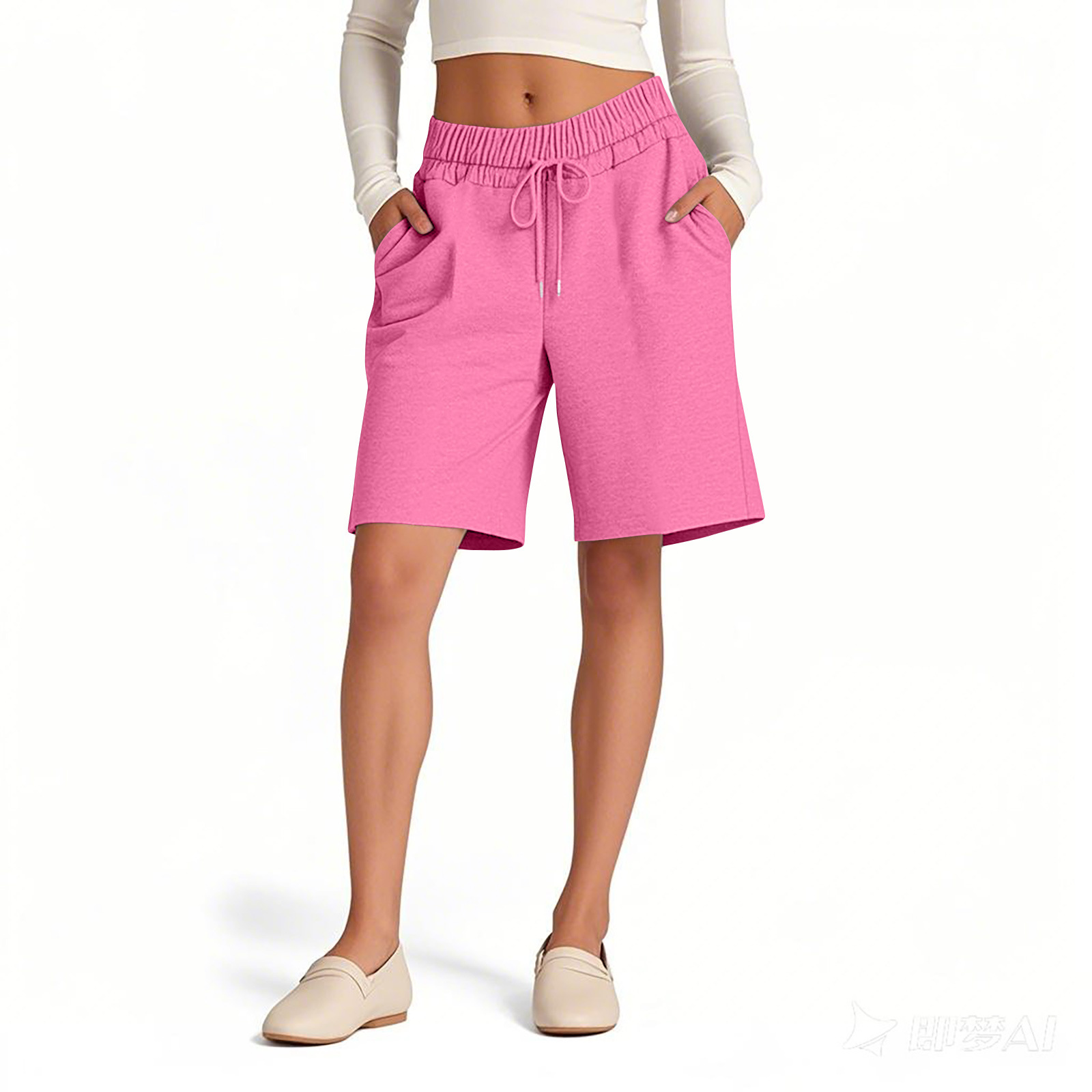 Loose Fit Women's Shorts Elastic Waist Solid Colour Casual Style_voghion.com