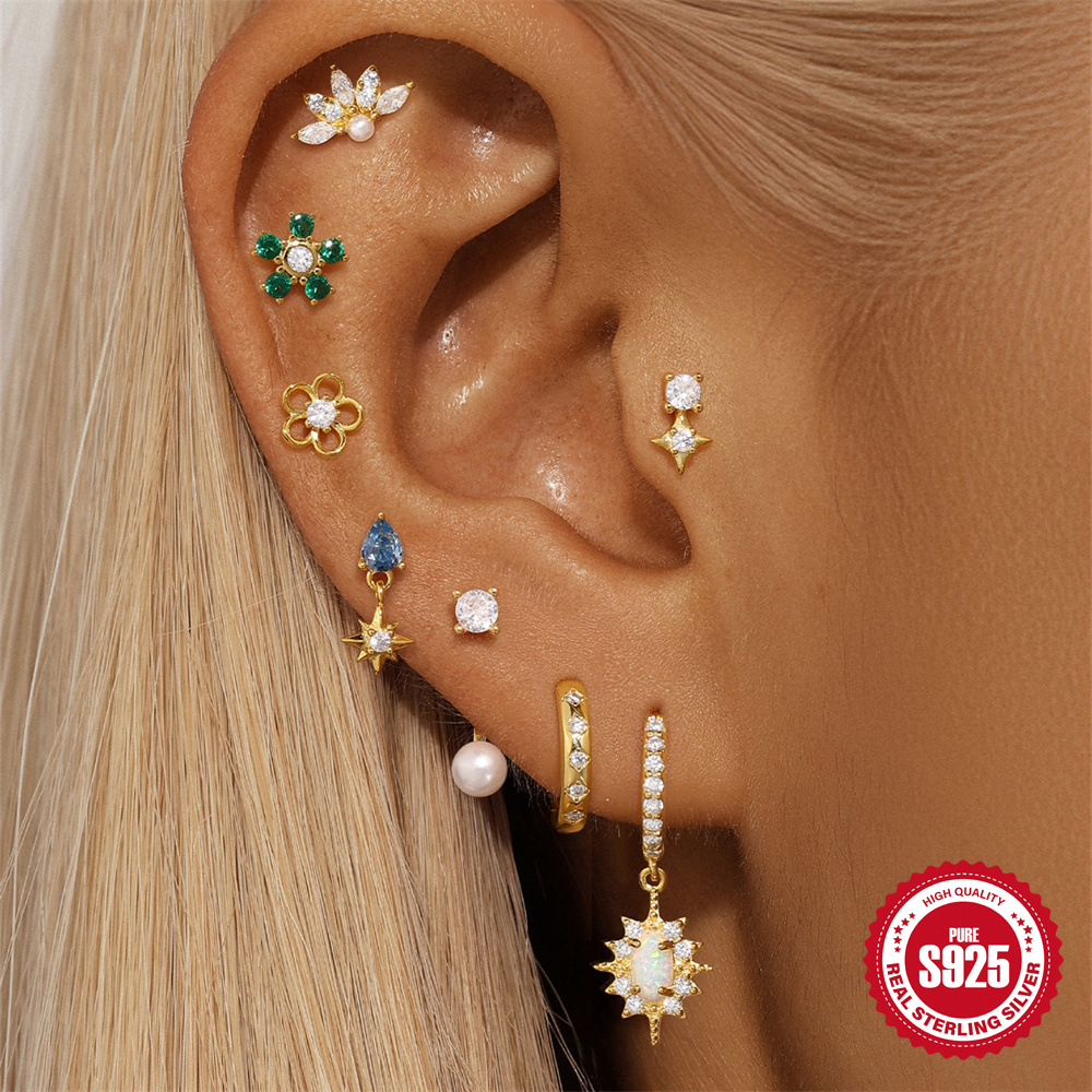 Todo fósforo europeo y americano s925 plata de ley uso diario estrella octogonal Opal/opal moda pendientes pendientes ganchos para los oídos