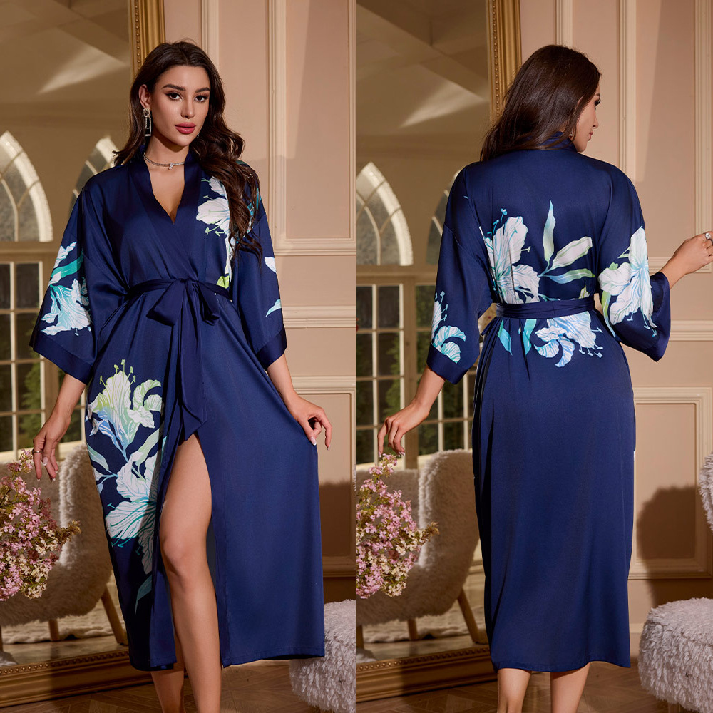 Primavera y otoño estilo de pijamas de satén mujeres primavera y otoño siete mangas de diseño de ropa de hogar de mangas largas sueltas túnicas WP3430