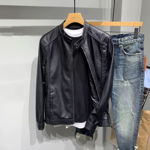 Men's Motorcycle Leather Jacket Autumn New Korean Style Trendy Slim Stylish Versatile Stand Collar Biker Leather Jacket