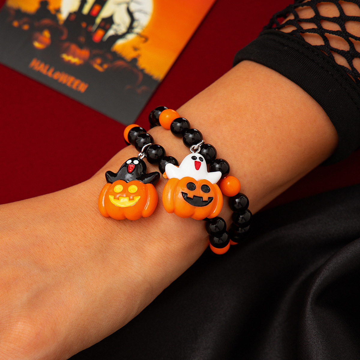 Pulsera de cerámica blanda multicapa con diseño de calabaza fantasma y viento de Ins, pulsera de bruja fantasma para fiesta de Halloween_voghion.com