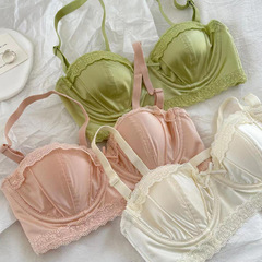 フレンチガールワイヤープッシュアップブラ、甘いレースのハーフカップ下着、女性用薄型カッププッシュアップたるみ防止ブラ