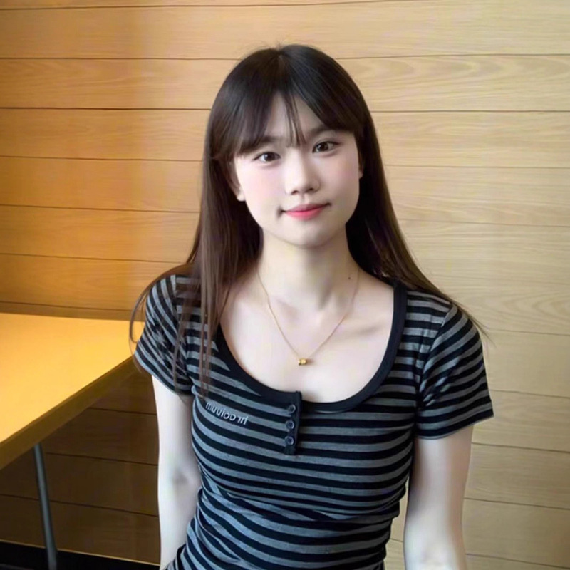 韩系条纹U领正肩短袖t恤女夏季2025新款修身显瘦收腰短款辣妹上衣|undefined