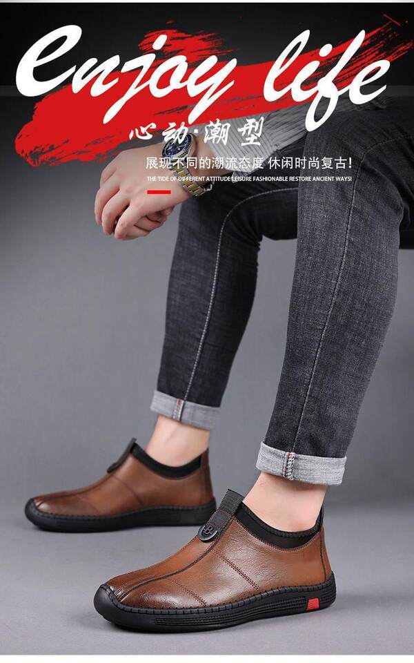 Bốt nam cổ trung lót lông giữ ấm chống trượt, giày da lười đế bằng — giày nâu, giày đen, Lông cừu đen, Màu nâu cộng với nhung chi tiết 19
