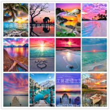 跨境专供热销爆款5d钻石画夕阳海边风景diy贴钻十字绣客厅装饰画