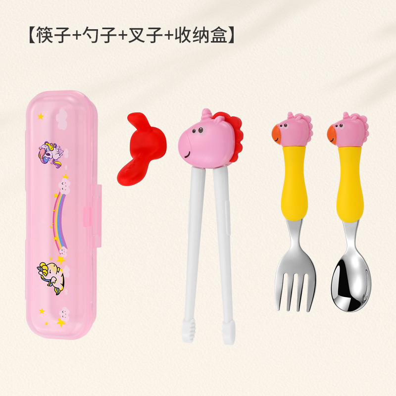 Nuevo 304 de acero inoxidable de dibujos animados para niños palillos de entrenamiento bebé lindo suplemento alimenticio cuchara tenedor portátil traje de tres piezas