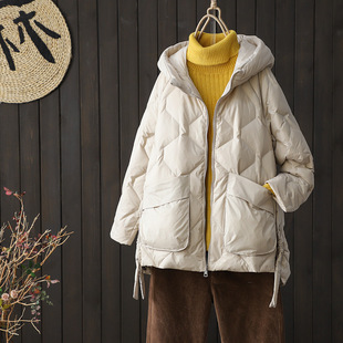 Cross-border Winter Hooded Down Jacket 2022 Women's Casual Large Pocket White Duck Down Mid-length Drawstring Waist Jacket