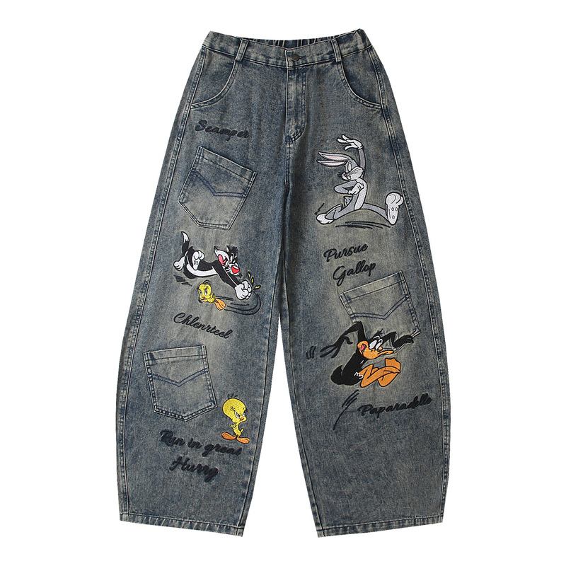 American-style street cartoon animal letter embroidery multi-pocket vintage washed workwear jeans for men and women couples
