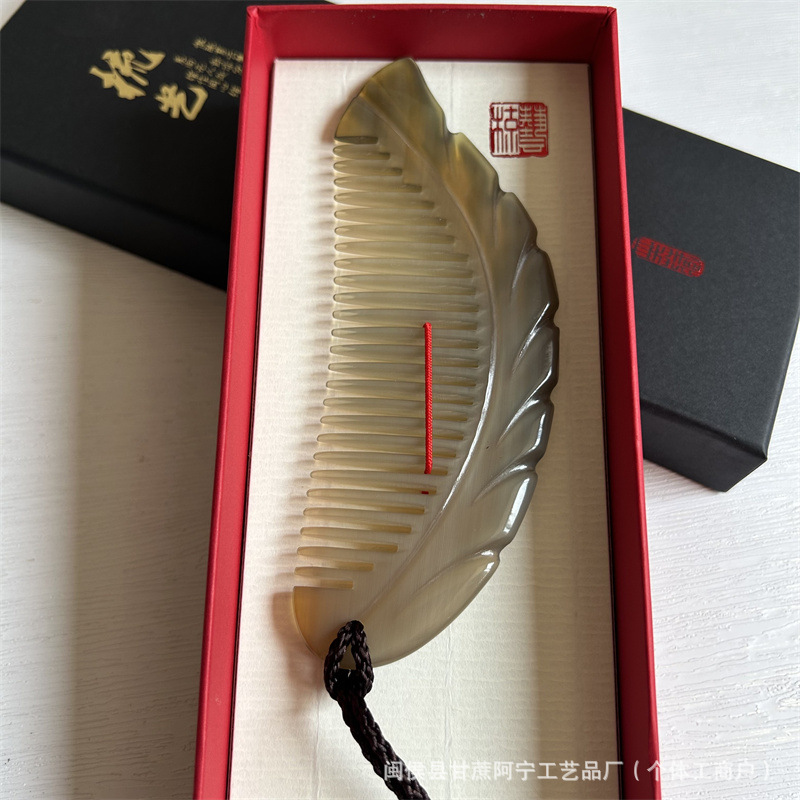 Hand Carved Horn Meridian Comb Long Handle Gift Box Holiday Business Gift key features