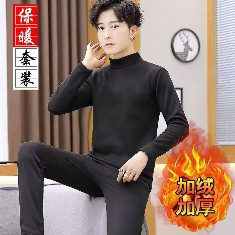 Men's Thermal Underwear Set High-Neck Cotton Sweater Pajamas Set Autumn Clothes and Pants for Young and Middle-Aged Full Cotton Thin