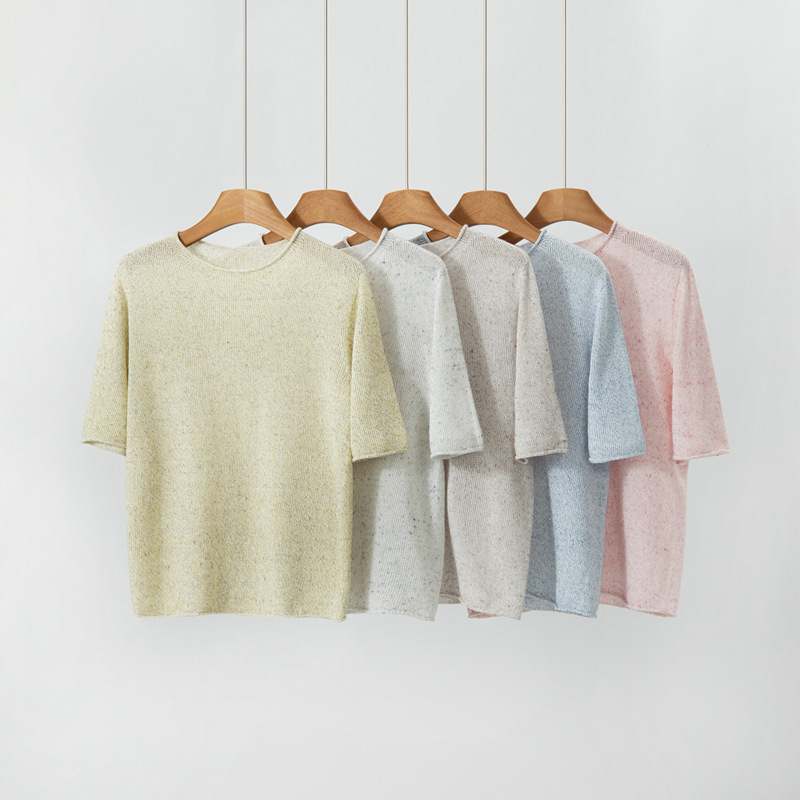 French-Style Washi Yarn Knitted Half-Sleeve T-Shirt for Women, New Round Neck Rolled Edge Thin Base Short-Sleeve Seamless Breathable Top French-Style Washi Yarn Knitted Half-Sleeve T-Shirt for Women, New Round Neck Rolled Edge Thin Base Short-Sleeve Seamless Breathable Top