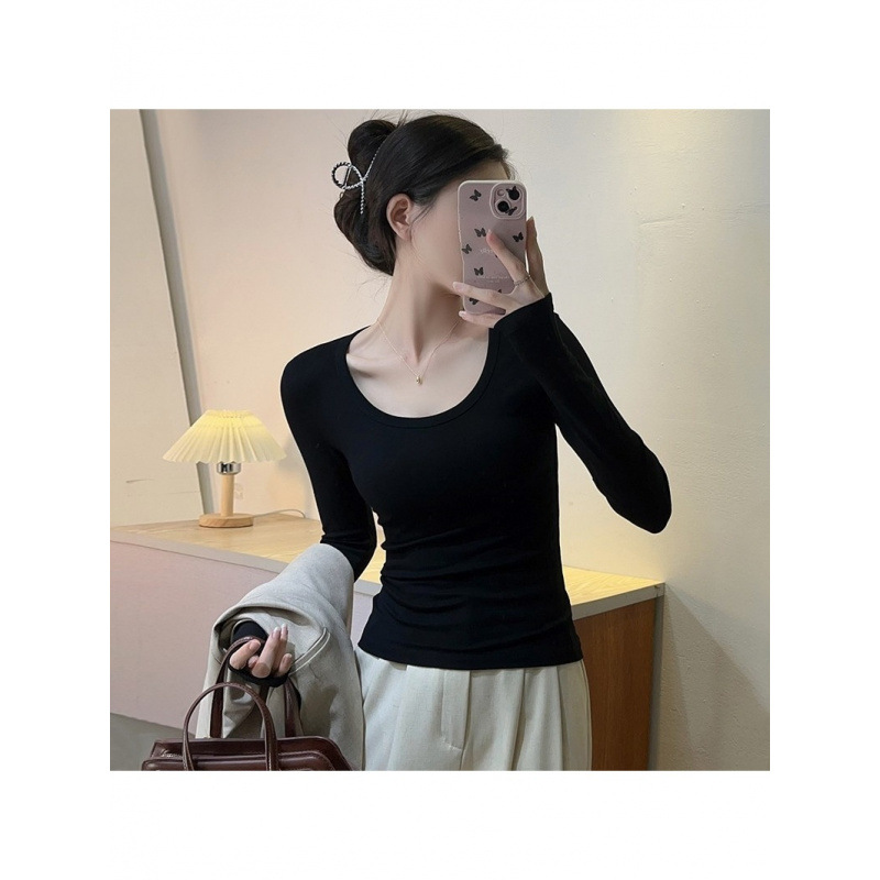 2025 Black Bottoming Shirt for Women Spring, Autumn and Winter New Style Right Shoulder T-Shirt Long-Sleeved Slim Low Round Neck Suit Inner Top