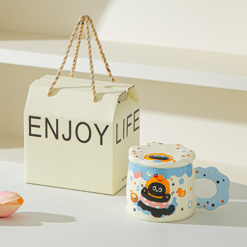 Con cubierta encantador conjunto de dibujos animados gato negro tazas de alto valor pareja tazas de cerámica tazas de agua marca regalo acompañante