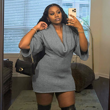 Q25DS322欧美外贸女装2025秋冬性感宽松荡领毛织中长袖短款连衣裙