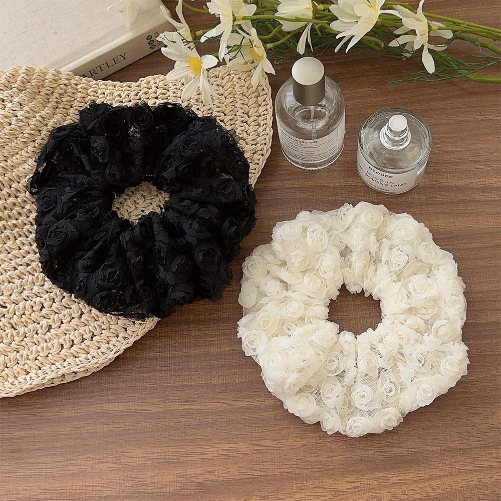 Sentido de niña, rosa tridimensional, plisado de encaje, lazo para el cabello de intestino grueso, cola de caballo baja para mujer, cuerda para el cabello, accesorios para el cabello, tocado para el cabello