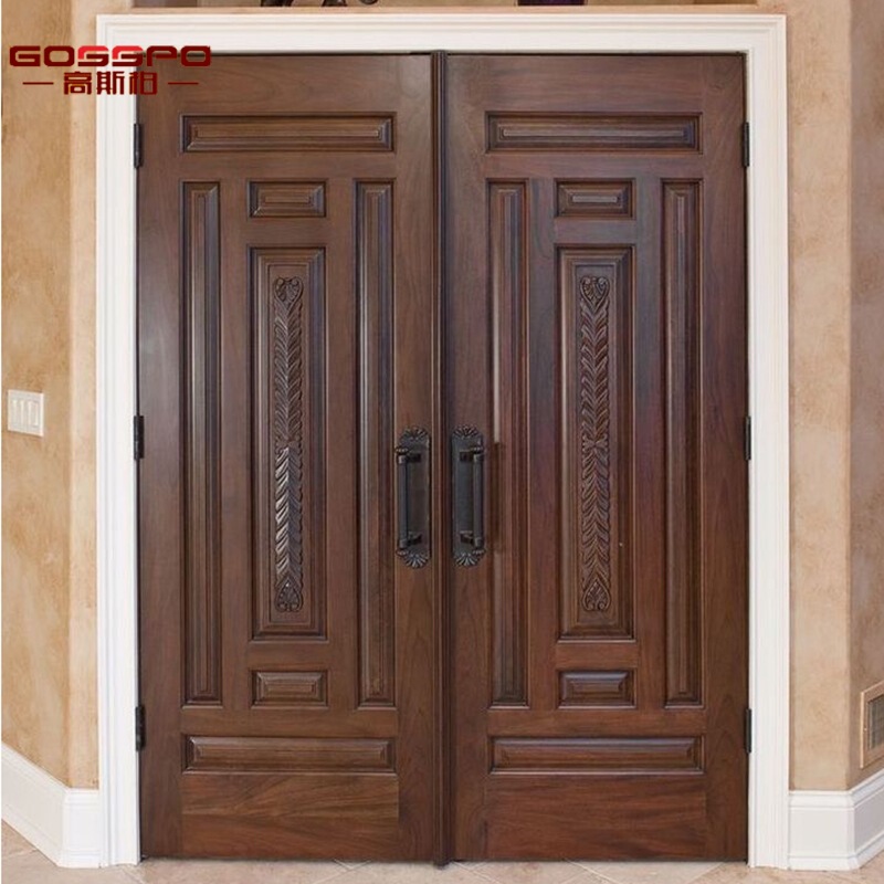 Custom-Made Solid Wood Double Doors for Whole House, Villa Entrance Doors with Oak Carvings, Teak Gold-Trimmed Entrance Doors