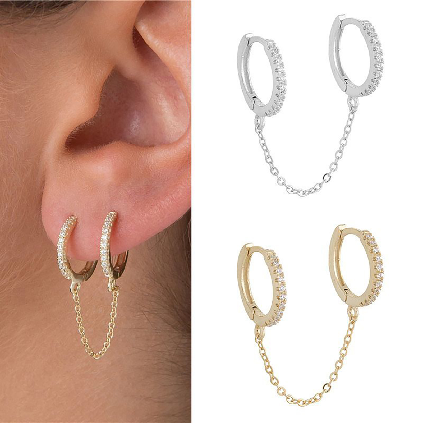 Personalised Tassel Chain Drop Earrings With Zircon Double Hoop_voghion.com
