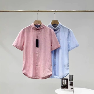 Tommy汤米男士衬衫短袖休闲商务刺绣翻领衬衫一件代发
