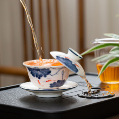 羊脂玉悬停盖碗手绘三才盖碗敬茶碗单个家用防烫茶具茶杯加印LOGO