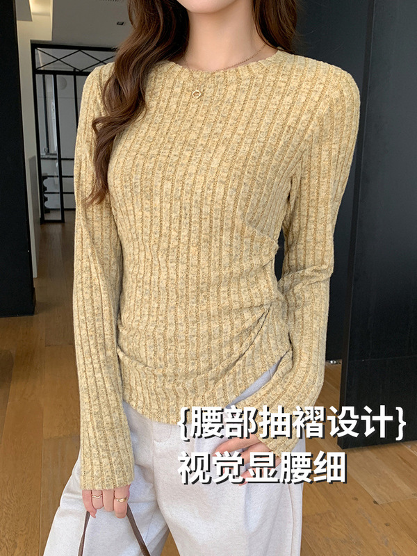 555圆领打皱打底衫女秋冬新款保暖毛衣修身竖条针织衫长袖上衣T恤|undefined