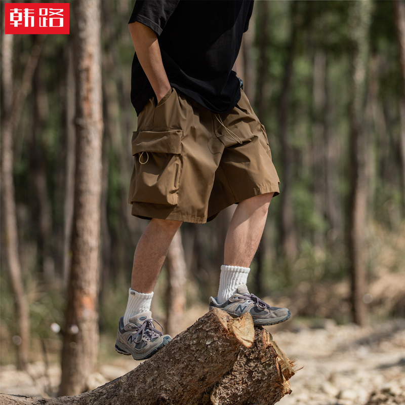 Men's Summer Casual Loose Cargo Shorts with Large Pockets, Elastic Drawstring, Sporty Functional Japanese Style Five-Point Pants