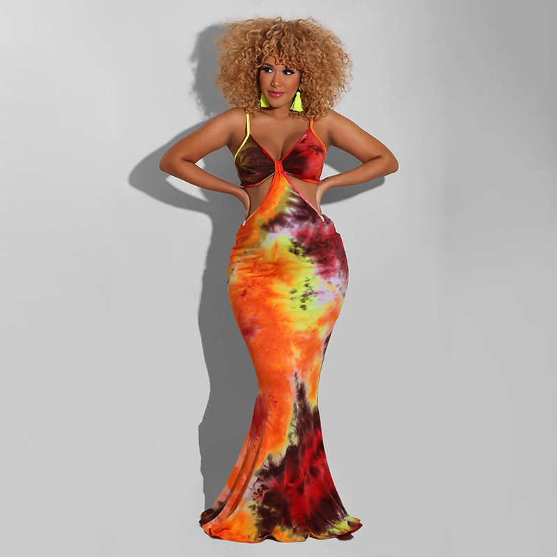 Printed Hollow Sling Skirt Sleeveless Halter Slim and Thin Hip Long Dress NSJYF64581