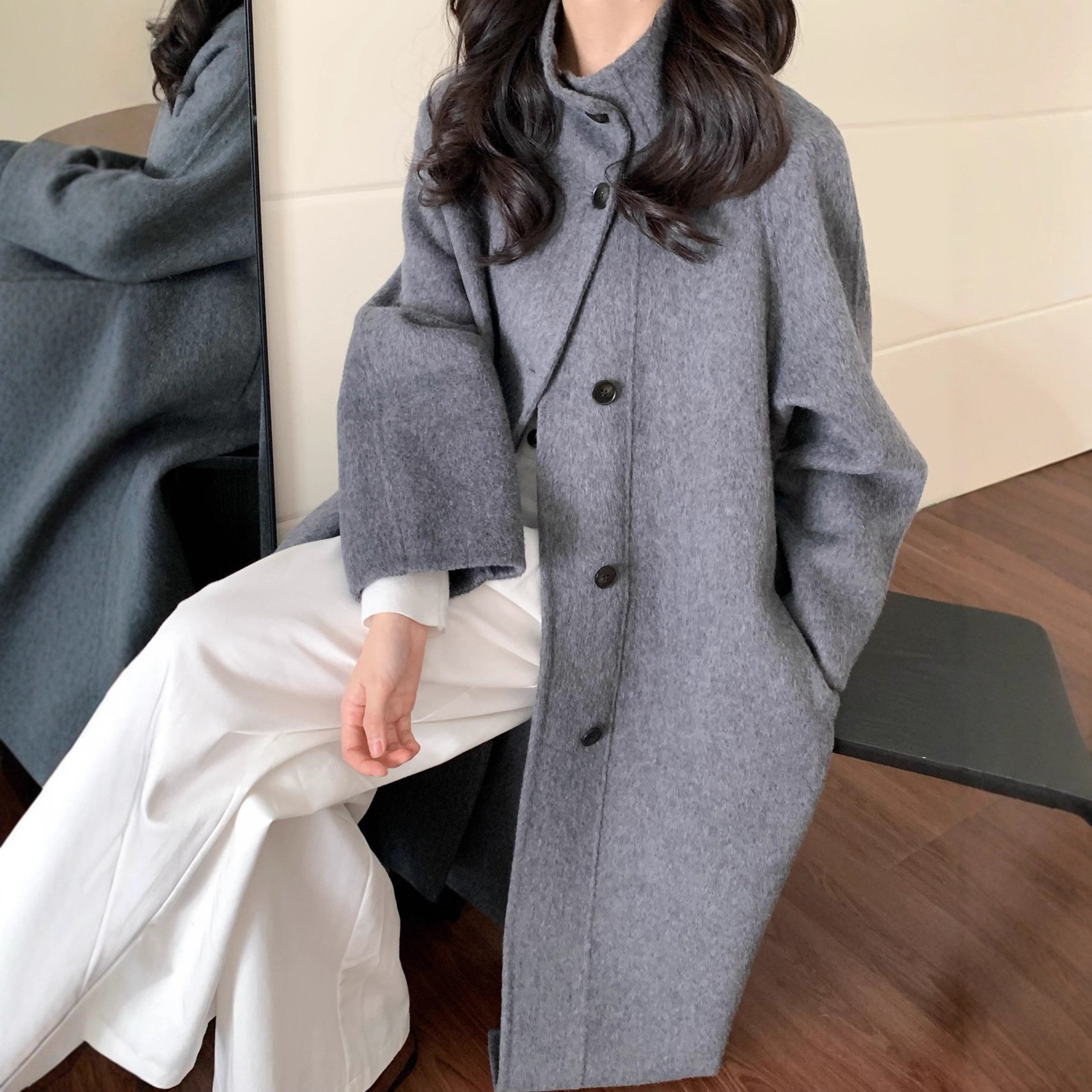 韓国風スタンドカラー新年コート レディース 両面カシミヤウール 25秋冬新作 シングルボタン ロング丈ウールコート レディース