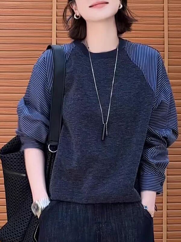 韩系高级感条纹拼接卫衣女秋2025新款宽松薄款别致独特超好看上衣|undefined