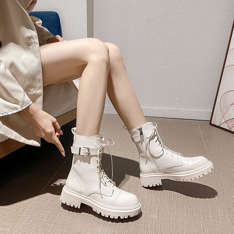Genuine Soft Leather Martin Boots for Women, Mid-Calf Boots, 2025 New Thin Style, Height-Increasing Flat Thick-Soled Short Boots, Motorcycle Biker Boots