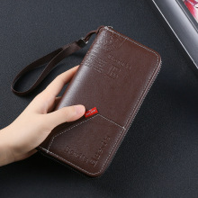 跨境新款男士青年多功能字母压花拼接手拿包复古拉链长款钱包潮流