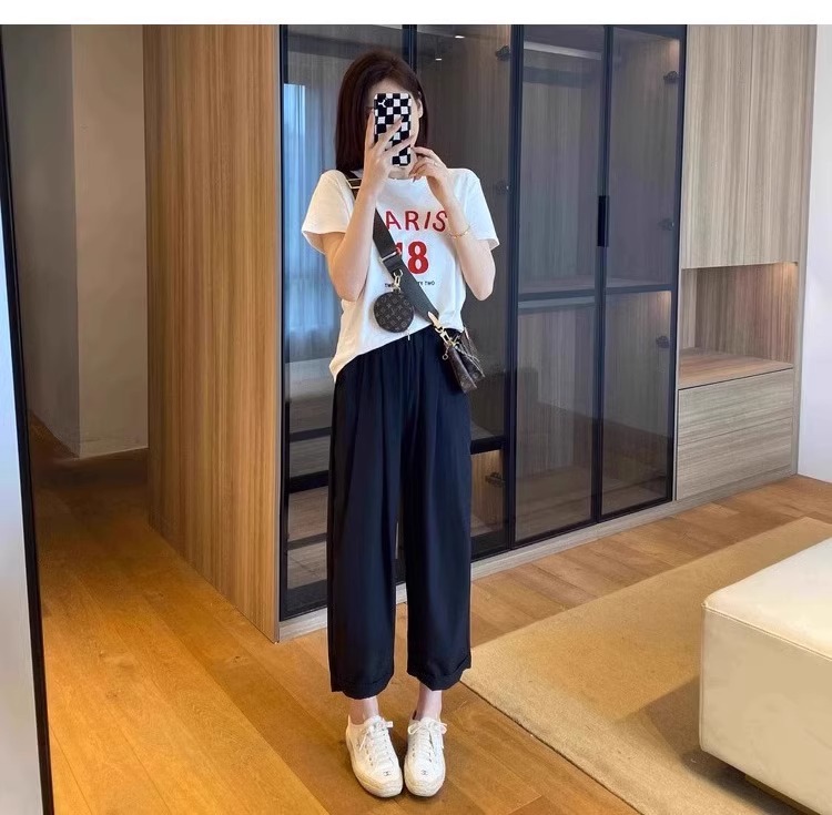 Quần dài ống đứng nữ vải lụa băng mỏng mùa hè, dáng suông thoáng khí, cỡ lớn cho người mập — 9 phân mẫu mỏng màu đen chi tiết 17