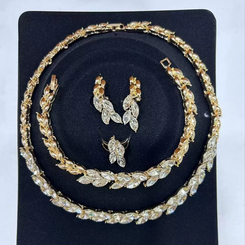 欧美气质时尚几何形锆石奢华项链晚宴耳饰套装新娘婚礼配饰批发