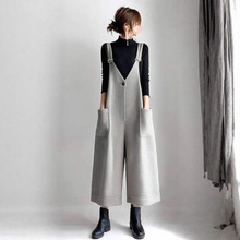 现货日系2026春秋慵懒风高腰系扣贴袋九分呢料背带裤