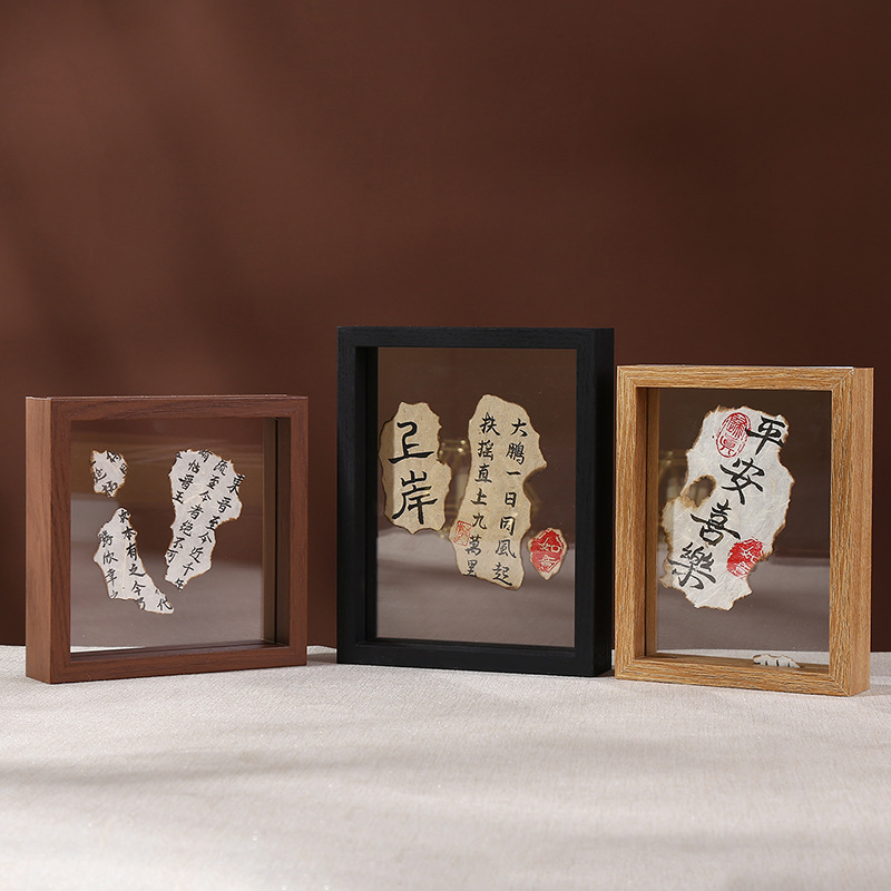 Double-sided Photo Frame Table Plant Leaf Carving Specimen Embossed Ornaments New Chinese Handmade Wooden Calligraphy Frame Table