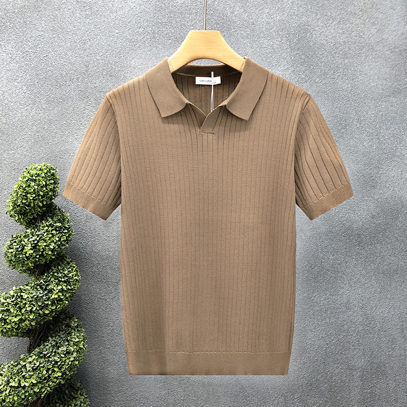 Herren-Poloshirt, gestreift, aus Eisseide, gestrickt, Kurzarm, Umlegekragen, V-Ausschnitt, Möwenkragen, klassischer Stil, atmungsaktiv_voghion.com